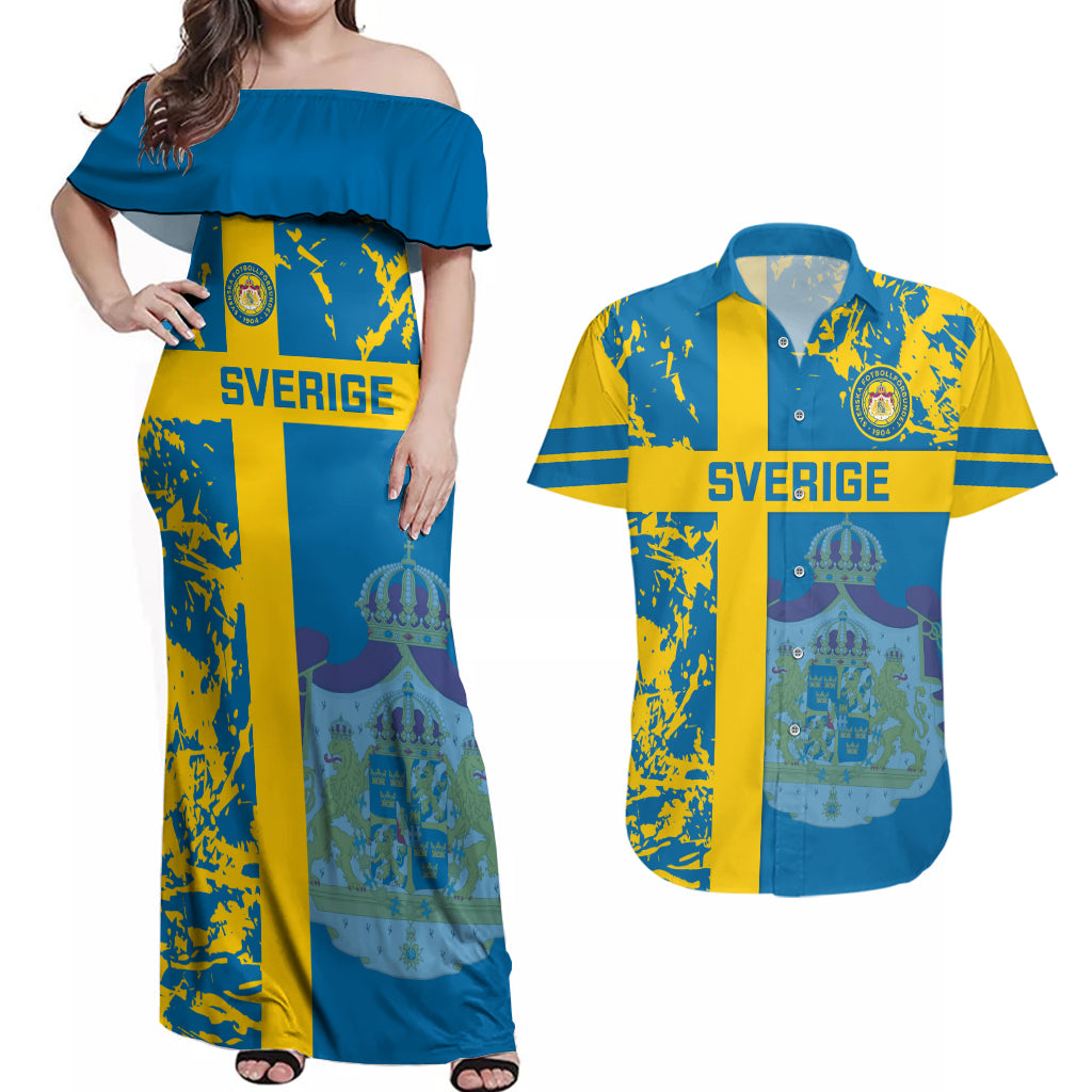 Custom Sweden Football Couples Matching Off Shoulder Maxi Dress and Hawaiian Shirt Come On Sverige 2023 World Cup - Wonder Print Shop