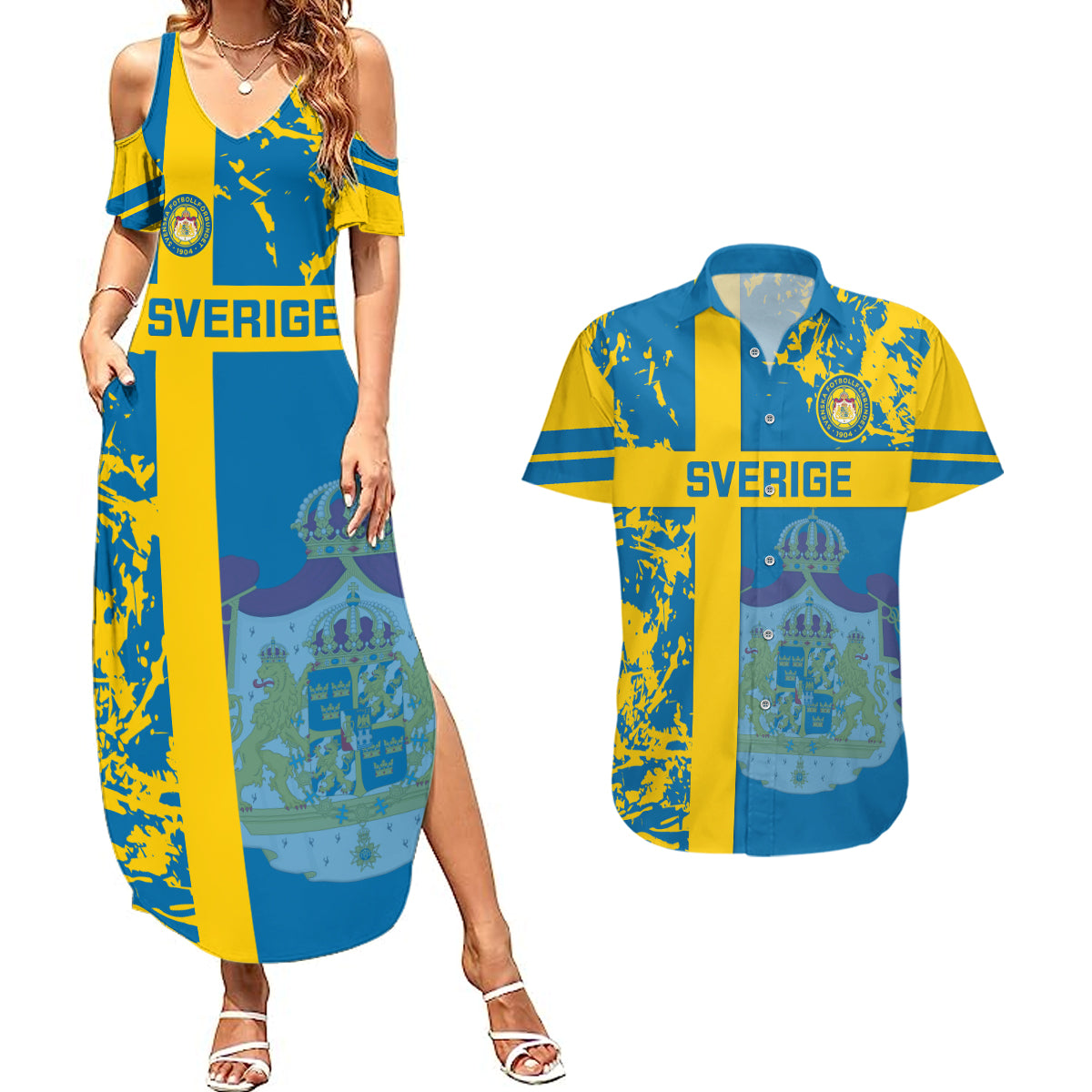 Custom Sweden Football Couples Matching Summer Maxi Dress and Hawaiian Shirt Come On Sverige 2023 World Cup - Wonder Print Shop