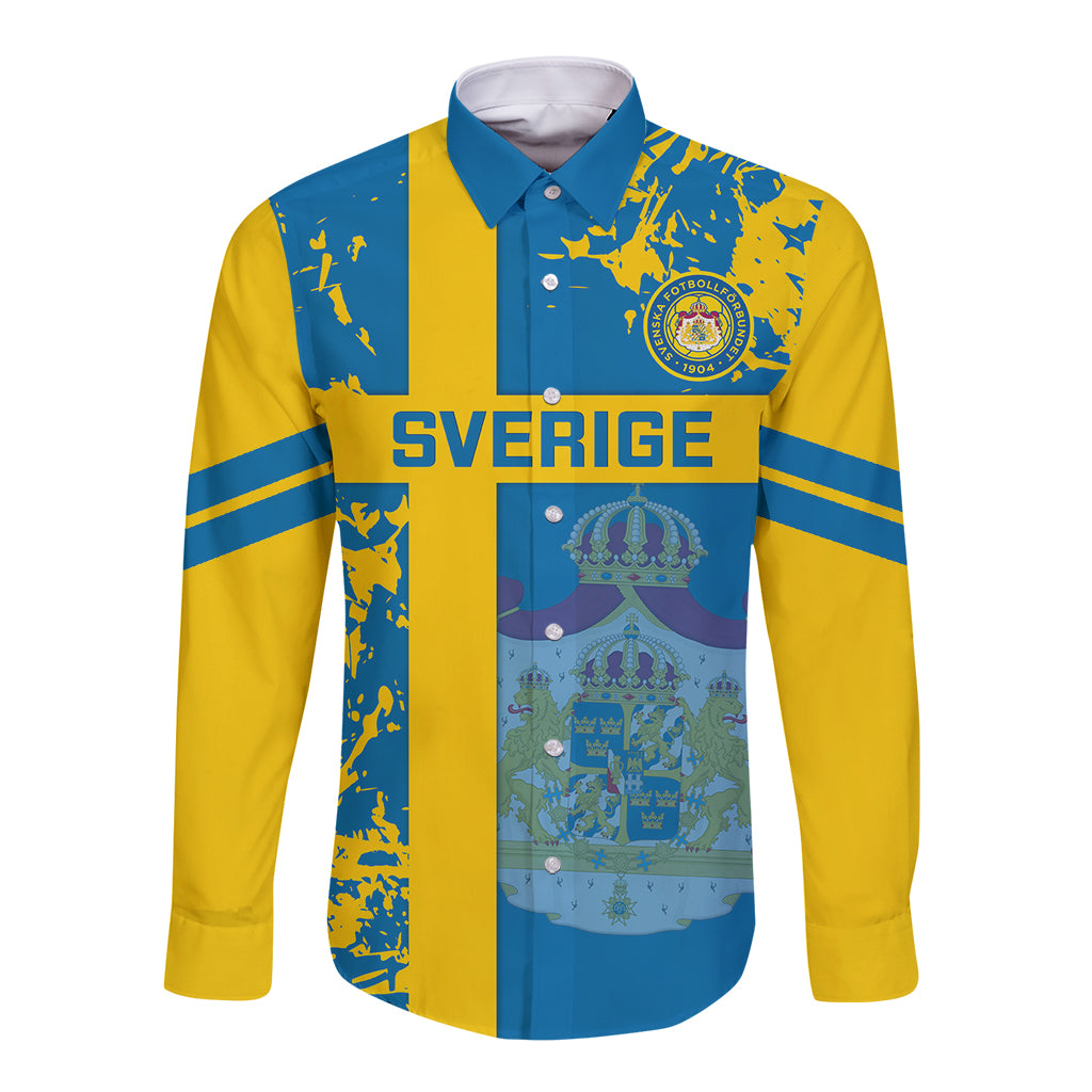 Long sleeve button football shirt, blue and yellow with Sweden crest graphic