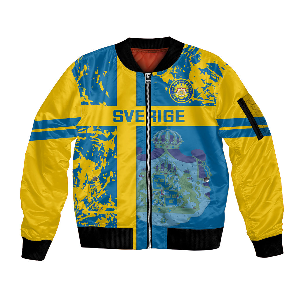 Unisex zip bomber jacket with blue and yellow Sweden-style graphic and ribbed cuffs