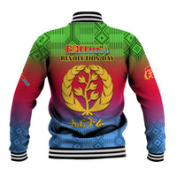Back of red, blue, and green kente-pattern baseball jacket with ribbed striped collar