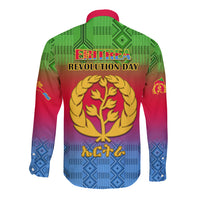 Long sleeve button shirt with kente gradient, 'Eritrea Revolution Day' and gold emblem