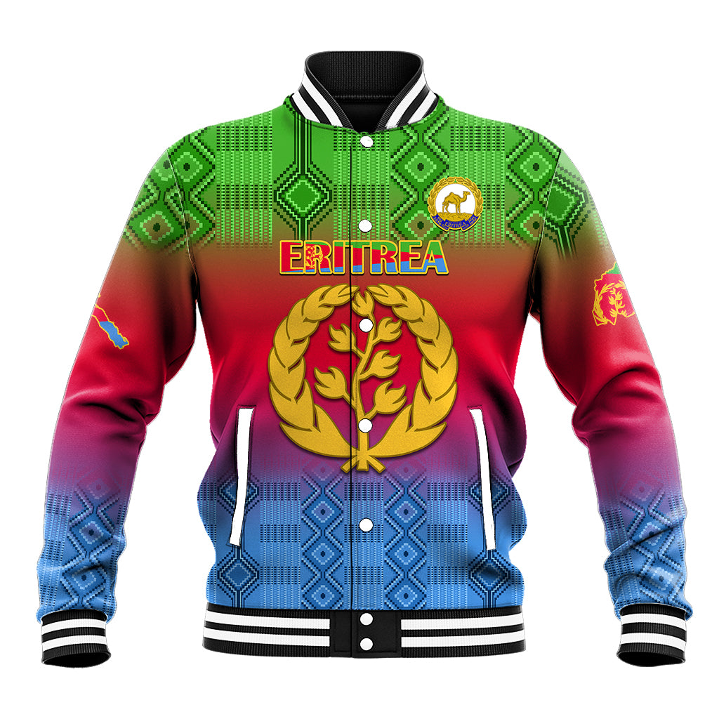 Red, green and blue gradient baseball jacket with kente pattern, ribbed cuffs and collar