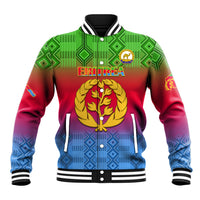 Red, green and blue gradient baseball jacket with kente pattern, ribbed cuffs and collar