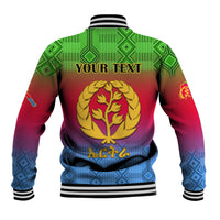 Red, green and blue gradient baseball jacket back with kente pattern, 'YOUR TEXT' emblem