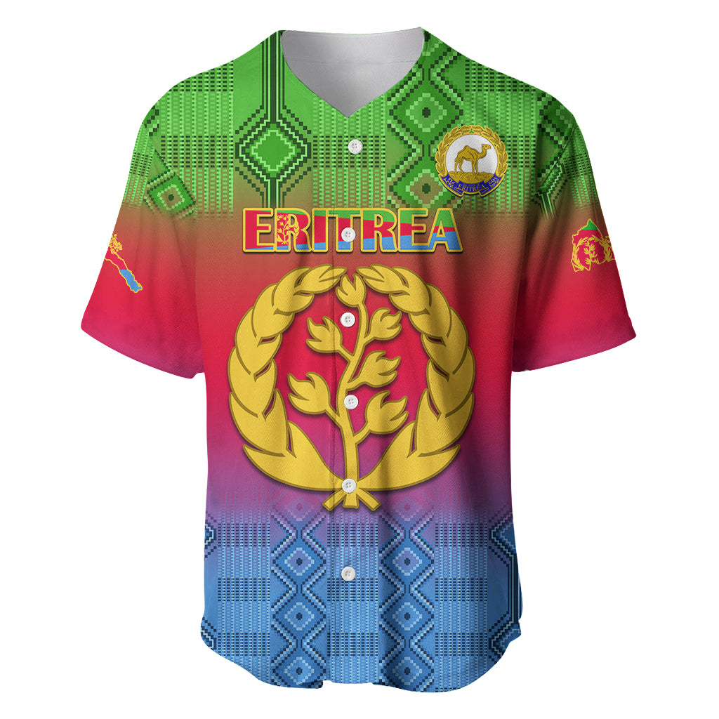 Red, green, blue gradient baseball jersey with Eritrea crest and diamond kente pattern.