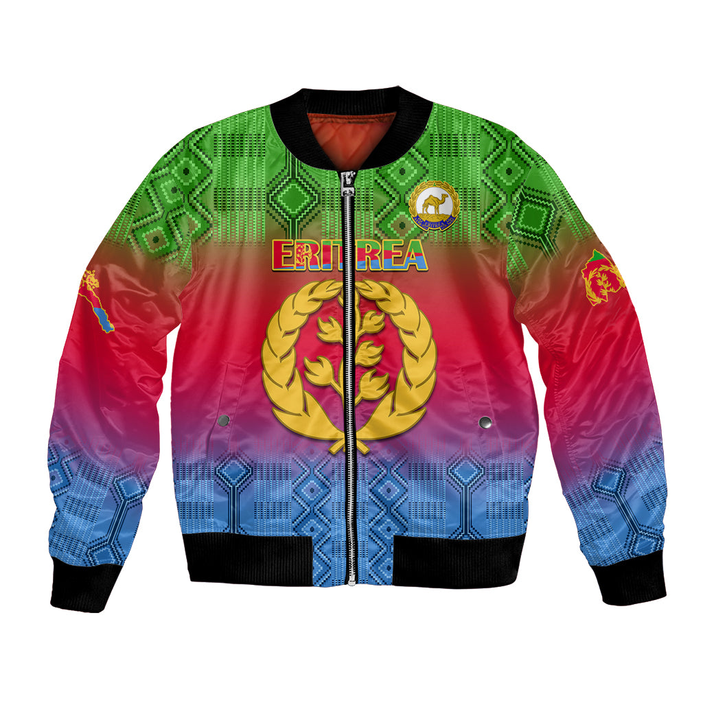 Unisex bomber jacket with red-blue-green gradient, black ribs, front zipper, Eritrea text and emblem