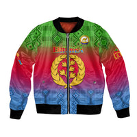 Unisex bomber jacket with red-blue-green gradient, black ribs, front zipper, Eritrea text and emblem