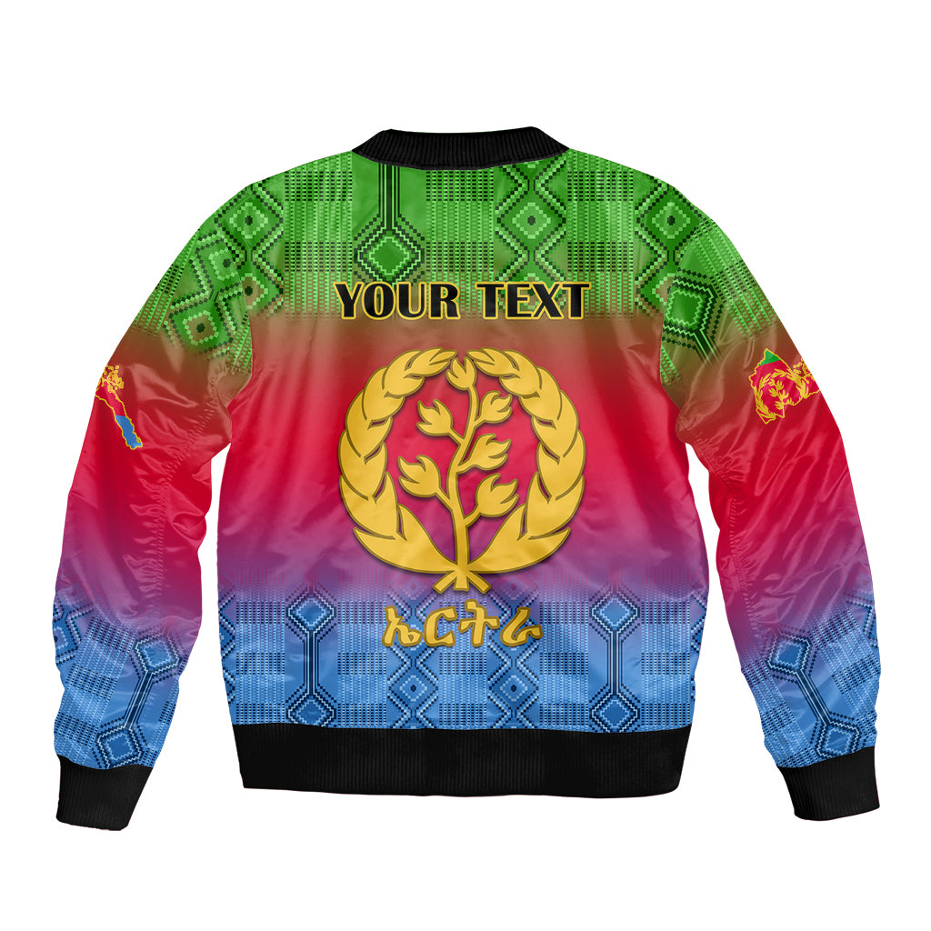 Unisex bomber jacket with red-blue-green gradient, black ribs, front zipper, "YOUR TEXT" and laurel crest