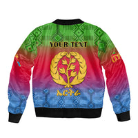 Unisex bomber jacket with red-blue-green gradient, black ribs, front zipper, "YOUR TEXT" and laurel crest