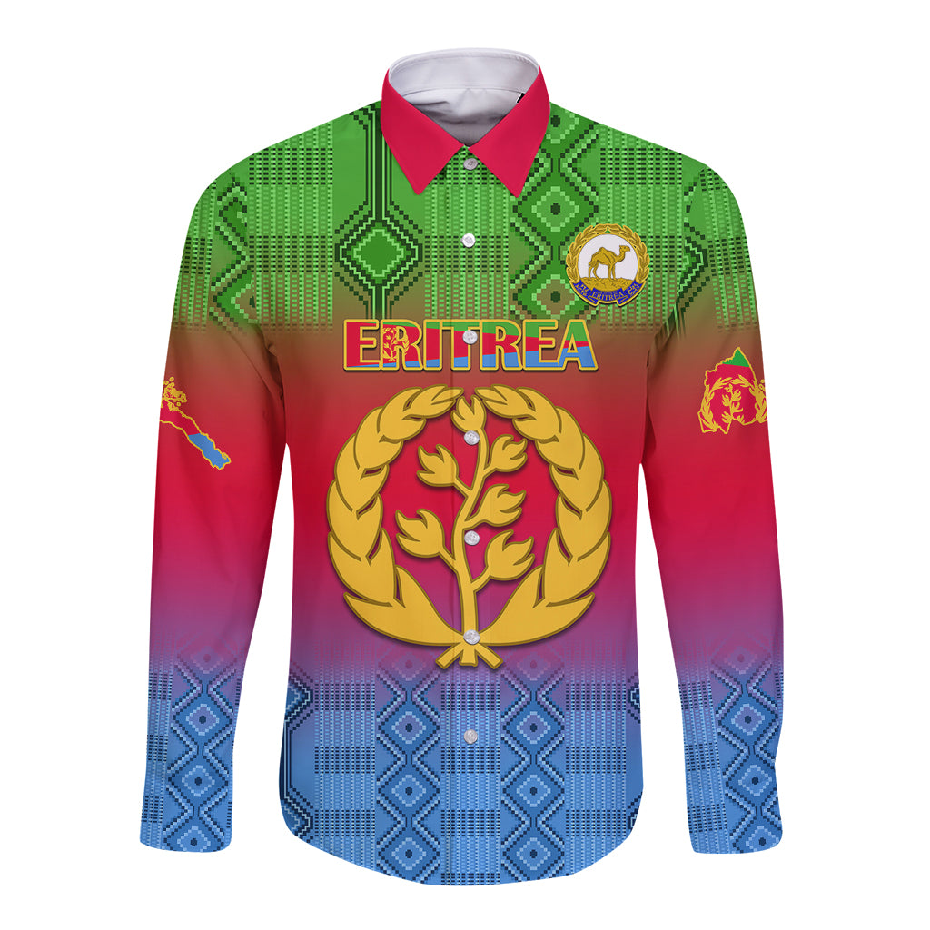 Long-sleeve button shirt with green geometric yoke, red-blue gradient, Eritrea emblem