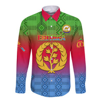 Long-sleeve button shirt with green geometric yoke, red-blue gradient, Eritrea emblem