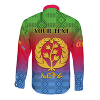 Back view long-sleeve button shirt, green geometric yoke, red-blue gradient, 'YOUR TEXT'