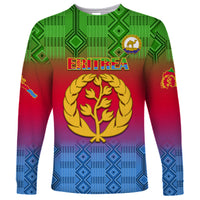 Long-sleeve Eritrean kente gradient shirt with 'ERITREA' text and gold emblem
