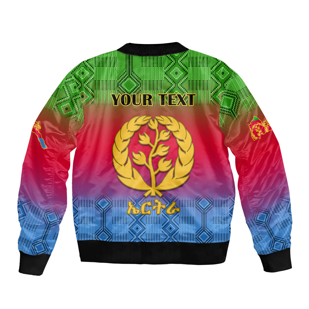 Back view gradient bomber jacket with ribbed hem, full zip, kente-style emblem and custom text