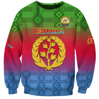Red, green, and blue gradient sweatshirt with Eritrea emblem and kente diamond pattern