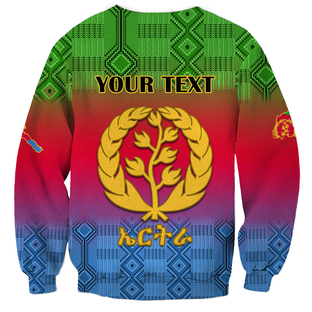 Gradient sweatshirt with 'YOUR TEXT' header, gold tree emblem, and kente diamond pattern