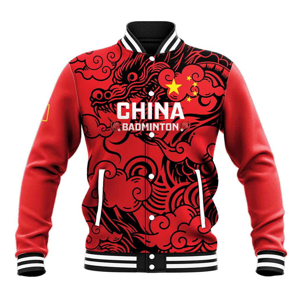 Red baseball jacket with striped ribbed collar/cuffs and dragon graphic, CHINA BADMINTON