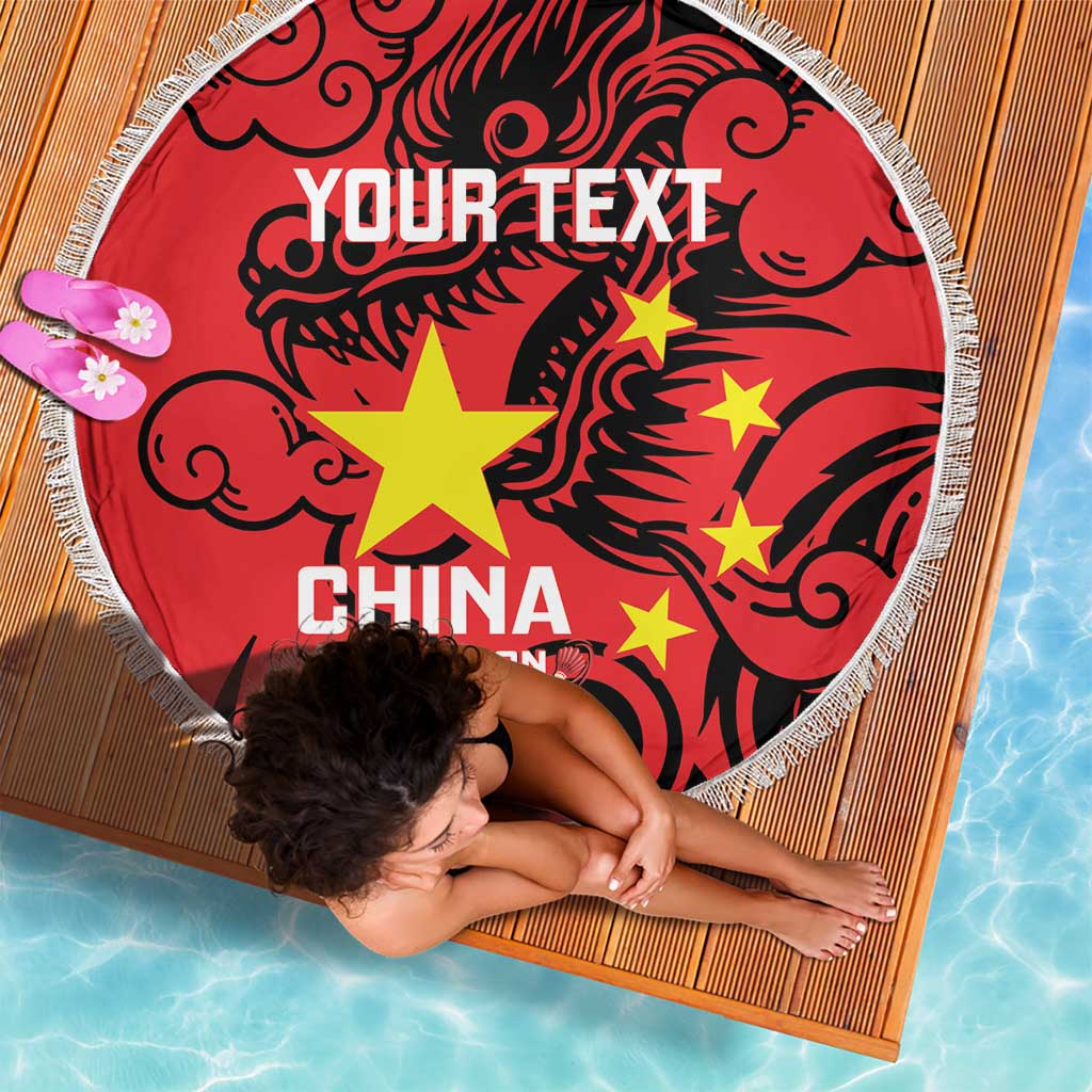 Red round beach blanket with white fringe, China Badminton logo with stars and dragon art