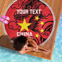 Red round beach blanket with white fringe, China Badminton logo with stars and dragon art
