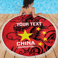 Red round beach blanket with white fringe, China Badminton graphic and yellow stars