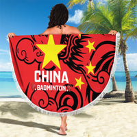 Red round beach blanket with white fringe edge, China Badminton logo and yellow stars