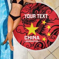 Red round beach blanket with white fringe, China Badminton text and star design