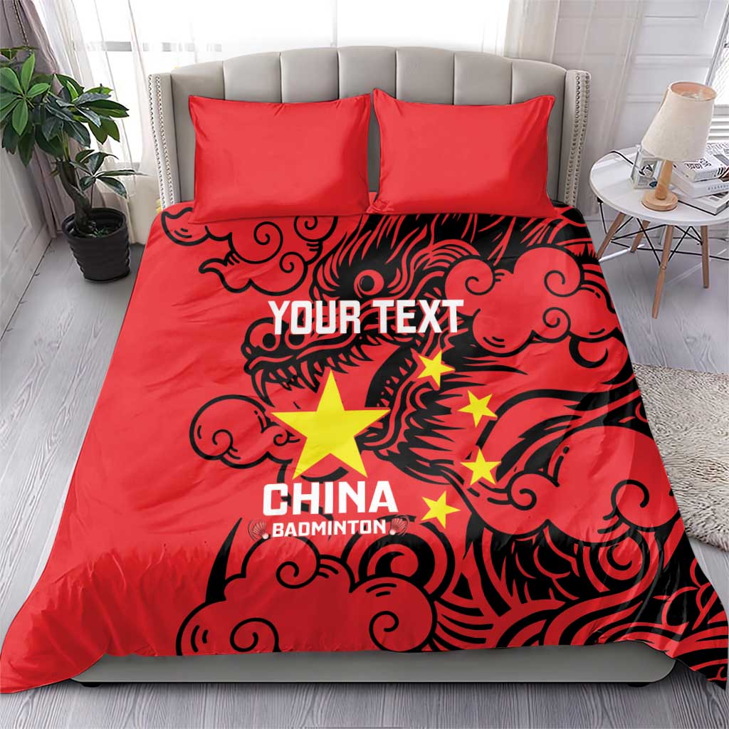 Red bedding set with bold dragon graphic, “YOUR TEXT” and “CHINA BADMINTON”