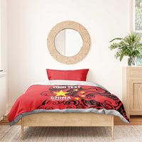 Red duvet cover with dragon and star graphic; “YOUR TEXT” and “CHINA BADMINTON”