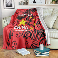 Red China badminton blanket with gray reverse edge, dragon stars and custom text