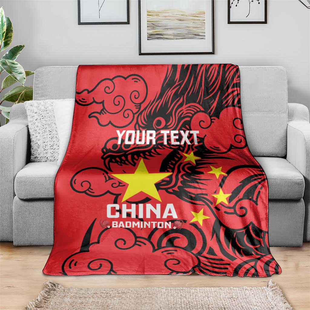 Red China badminton blanket spread flat, dragon pattern with star and China badge