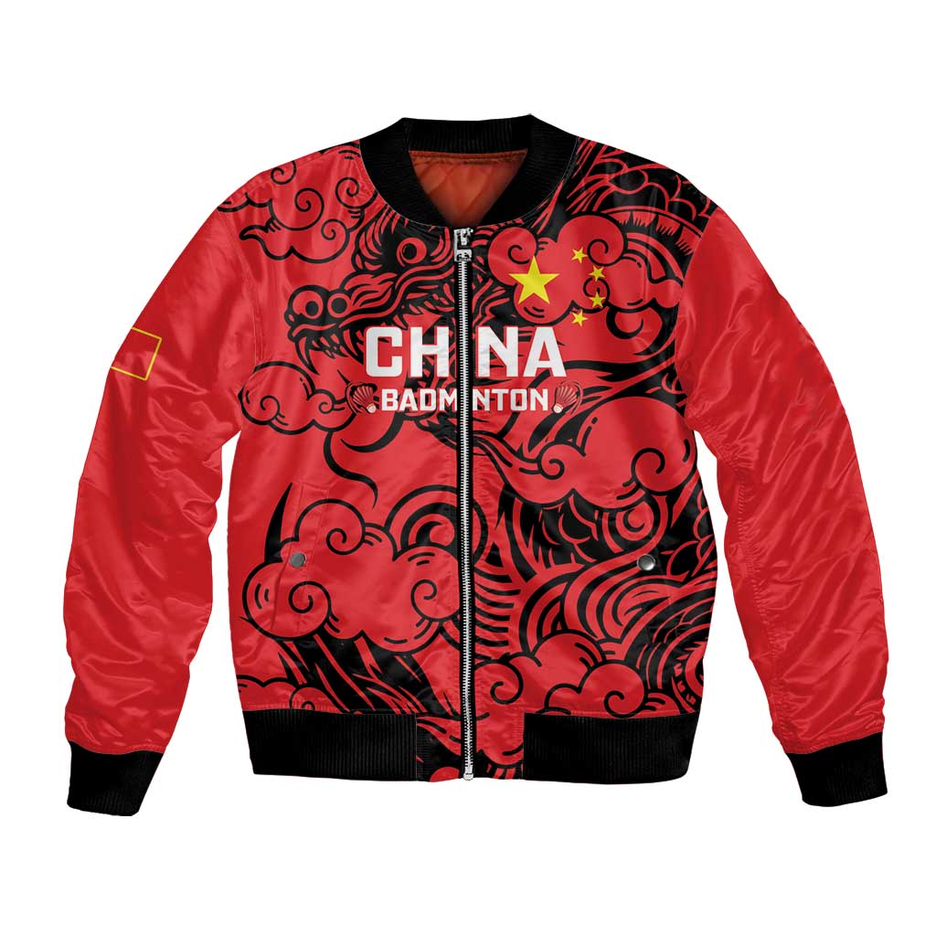 Red bomber jacket, front zip with dragon cloud pattern and CHINA BADMINTON graphic