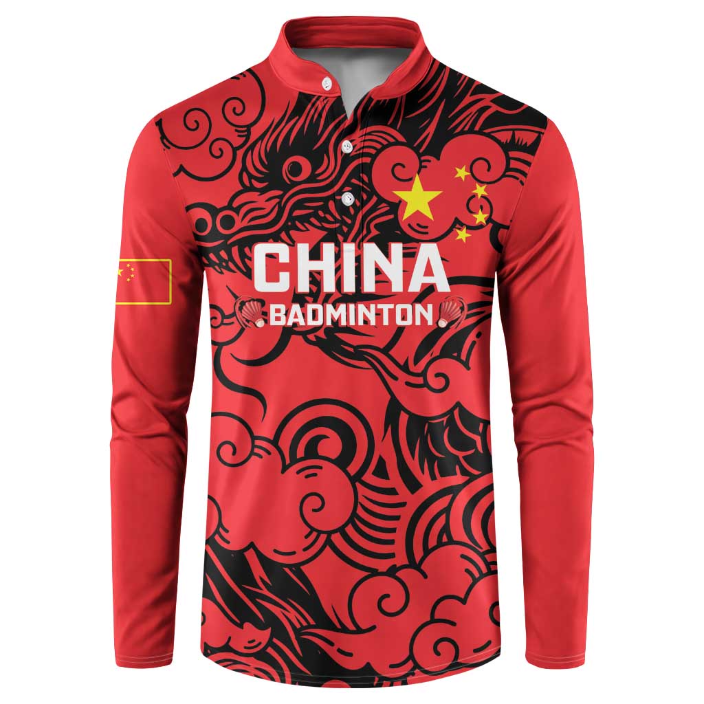 Red badminton button sweatshirt with black dragon pattern and CHINA BADMINTON print