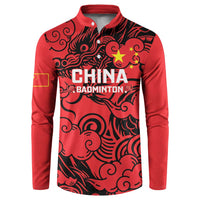 Red badminton button sweatshirt with black dragon pattern and CHINA BADMINTON print