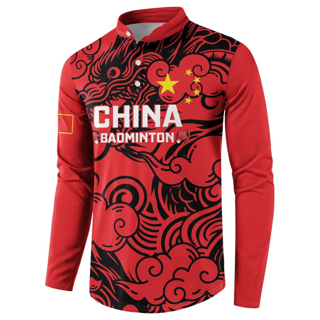 Red badminton button sweatshirt with black dragon pattern and CHINA BADMINTON graphic