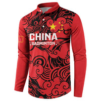 Red badminton button sweatshirt with black dragon pattern and CHINA BADMINTON graphic