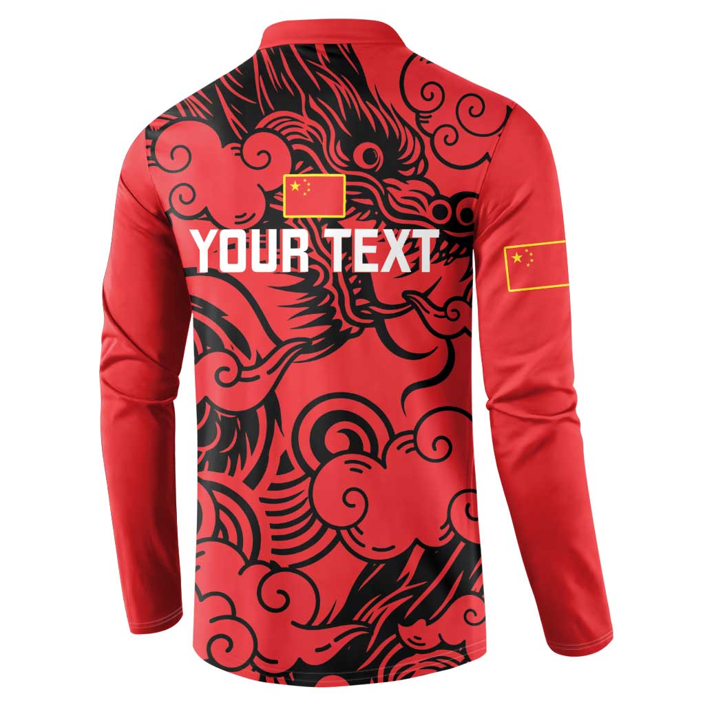 Red badminton button sweatshirt with black dragon pattern and YOUR TEXT on back