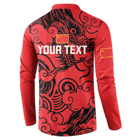 Red badminton button sweatshirt with black dragon pattern and YOUR TEXT on back
