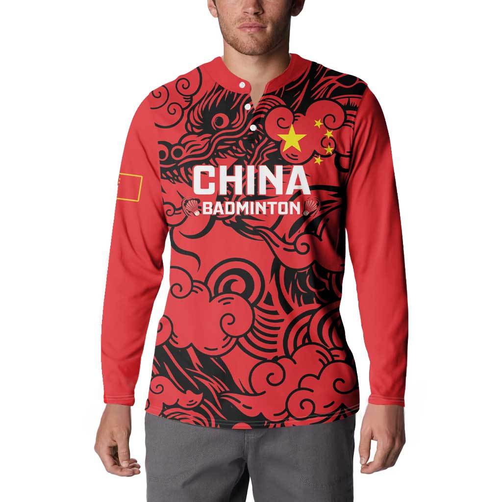 Red badminton button sweatshirt with black dragon pattern and CHINA BADMINTON on front