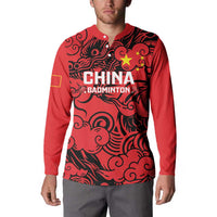 Red badminton button sweatshirt with black dragon pattern and CHINA BADMINTON on front