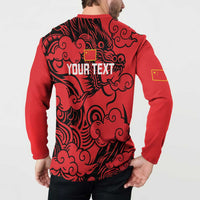 Red badminton button sweatshirt with black dragon pattern and YOUR TEXT on back
