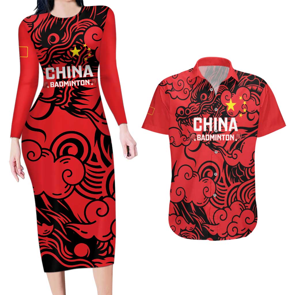 Personalised China Badminton Couples Matching Long Sleeve Bodycon Dress and Hawaiian Shirt 2024 Chinese Dragon Version - Wonder Print Shop