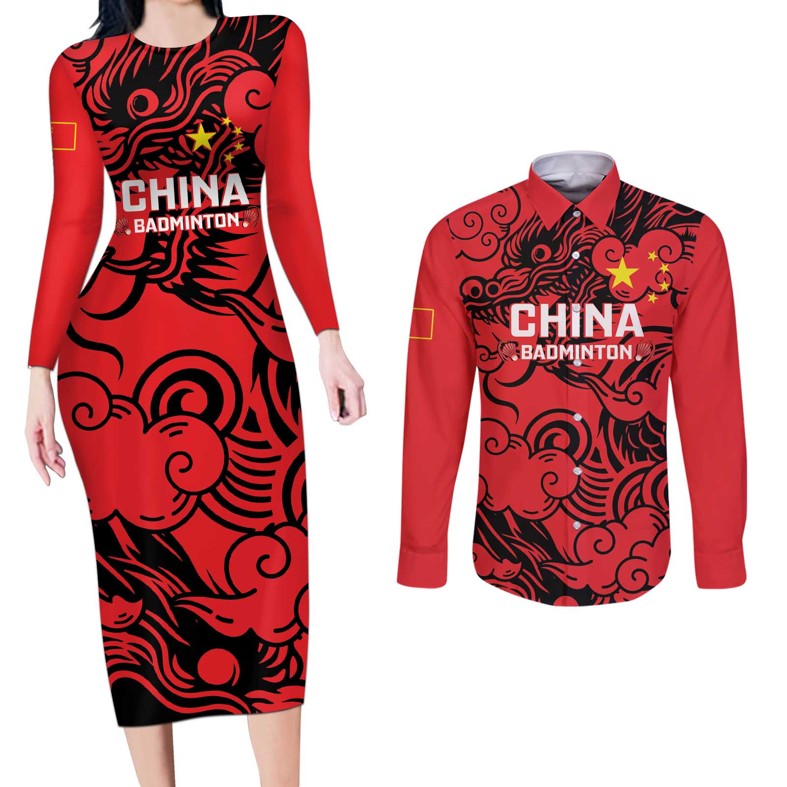 Personalised China Badminton Couples Matching Long Sleeve Bodycon Dress and Long Sleeve Button Shirt 2024 Chinese Dragon Version - Wonder Print Shop