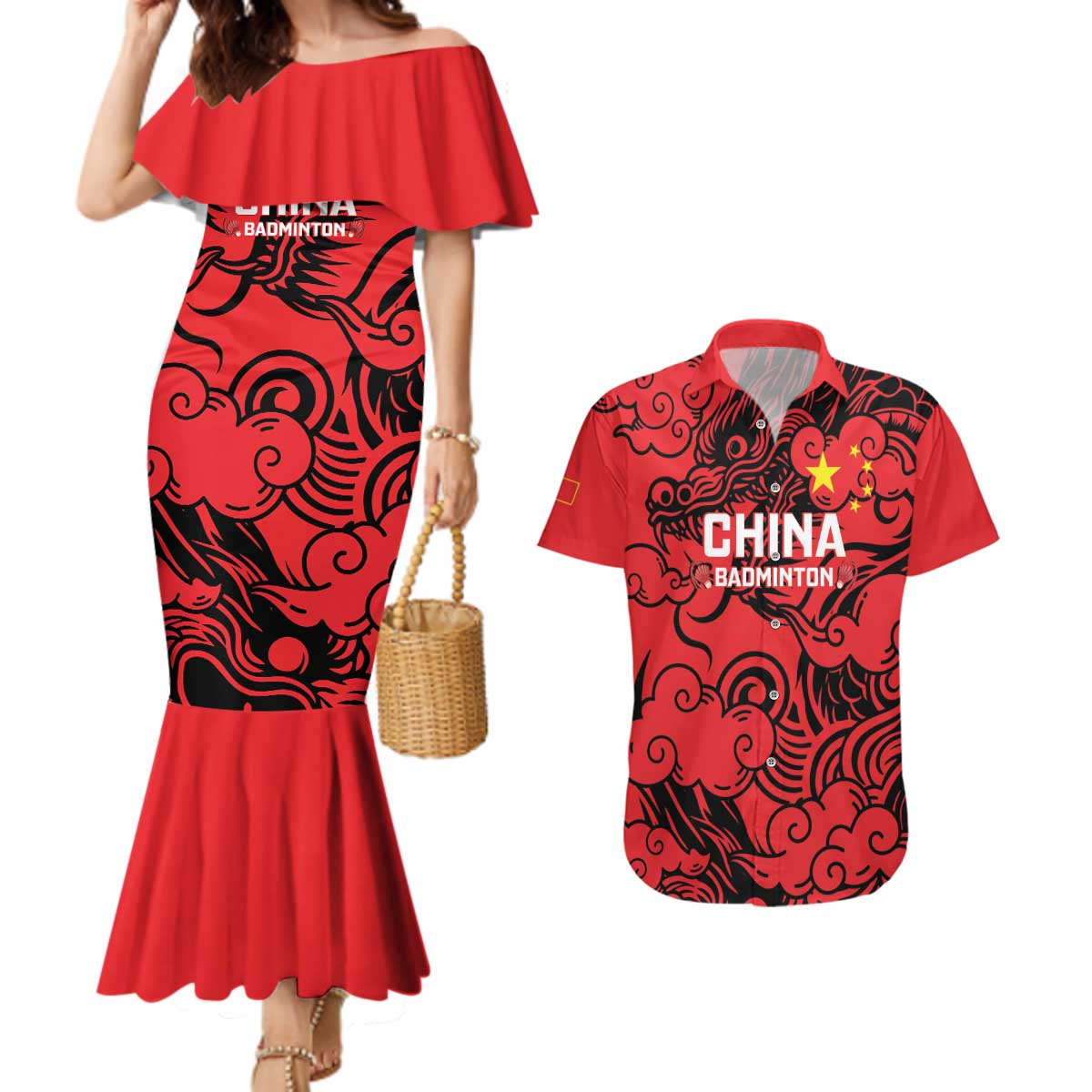 Personalised China Badminton Couples Matching Mermaid Dress and Hawaiian Shirt 2024 Chinese Dragon Version - Wonder Print Shop