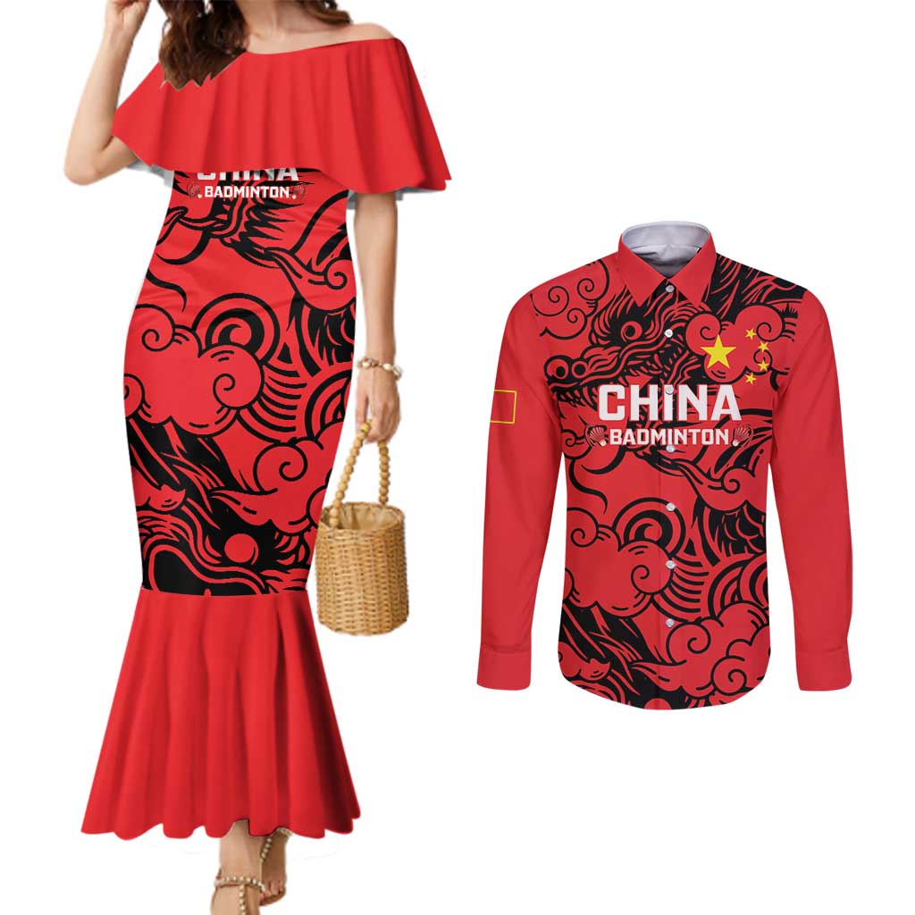 Personalised China Badminton Couples Matching Mermaid Dress and Long Sleeve Button Shirt 2024 Chinese Dragon Version