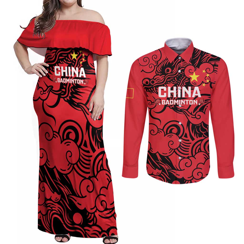 Personalised China Badminton Couples Matching Off Shoulder Maxi Dress and Long Sleeve Button Shirt 2024 Chinese Dragon Version - Wonder Print Shop