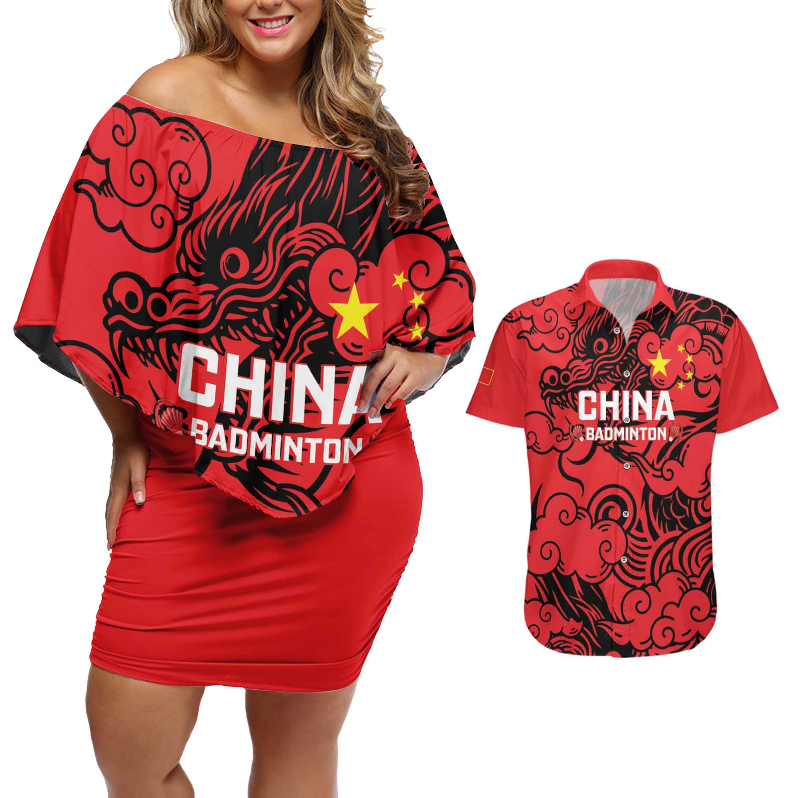 Personalised China Badminton Couples Matching Off Shoulder Short Dress and Hawaiian Shirt 2024 Chinese Dragon Version - Wonder Print Shop