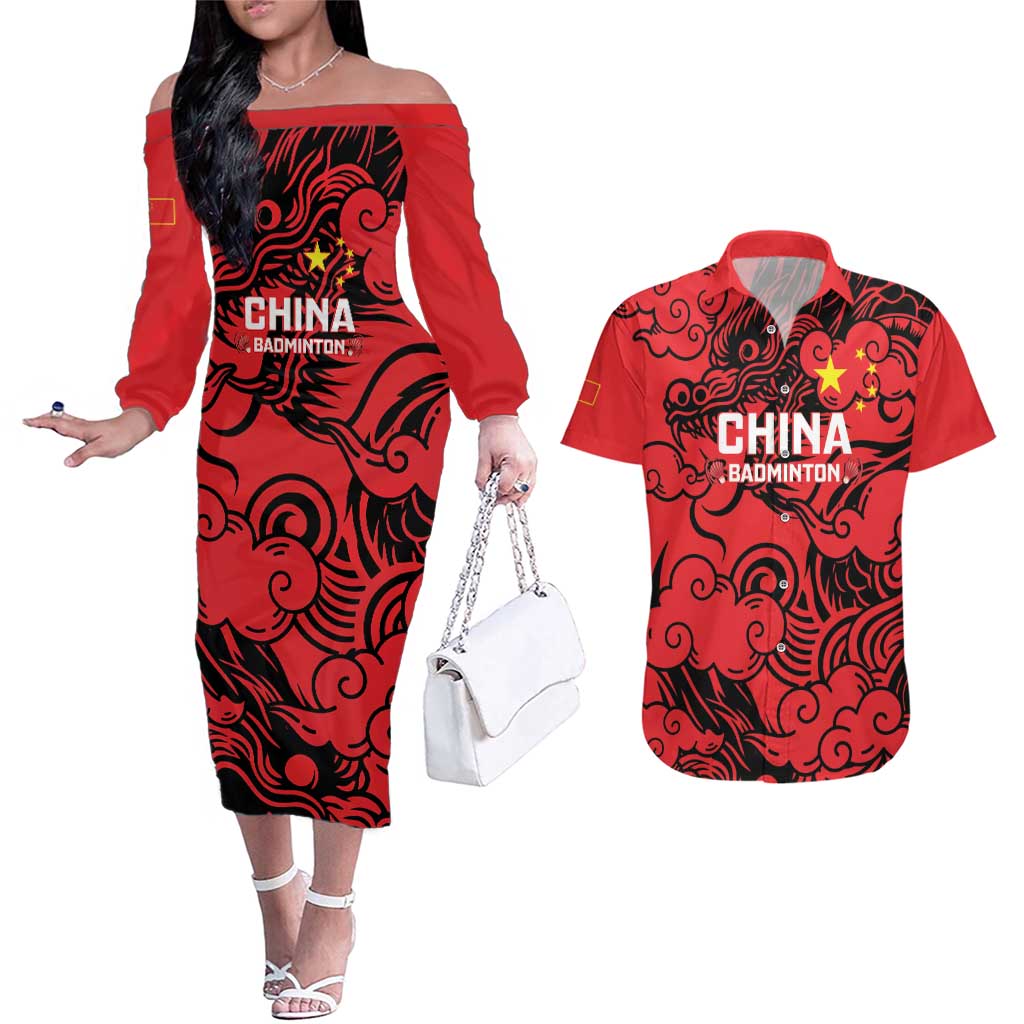 Personalised China Badminton Couples Matching Off The Shoulder Long Sleeve Dress and Hawaiian Shirt 2024 Chinese Dragon Version - Wonder Print Shop