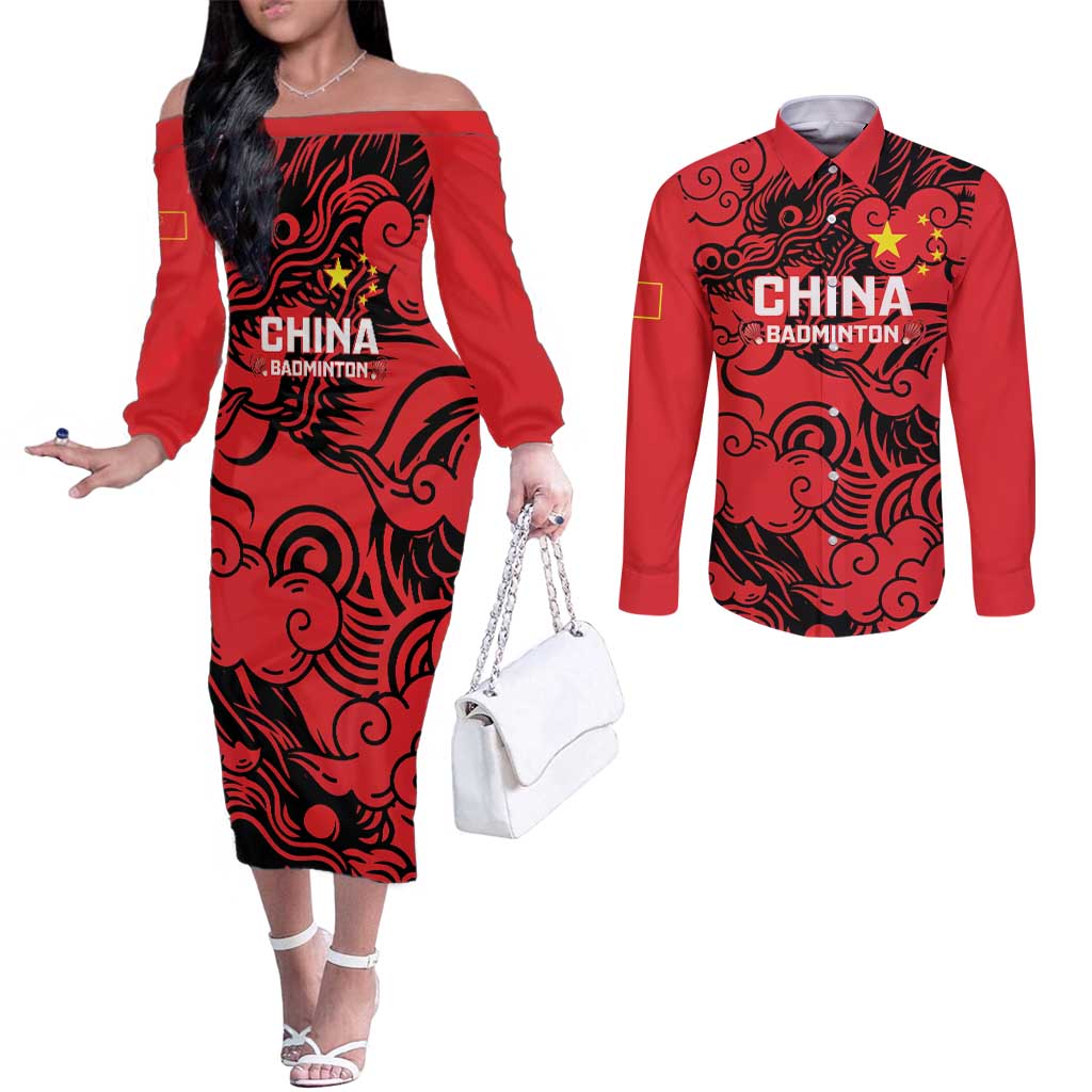 Personalised China Badminton Couples Matching Off The Shoulder Long Sleeve Dress and Long Sleeve Button Shirt 2024 Chinese Dragon Version