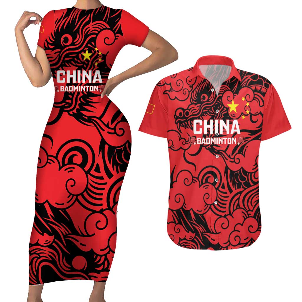 Personalised China Badminton Couples Matching Short Sleeve Bodycon Dress and Hawaiian Shirt 2024 Chinese Dragon Version - Wonder Print Shop